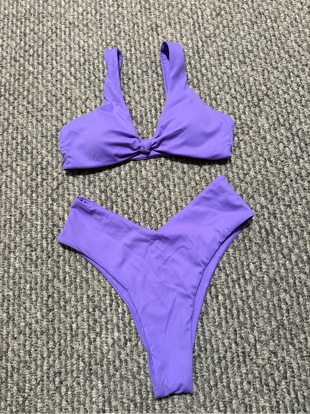 purple two-piece bikini swimsuit set knot-front top and high-leg bottom